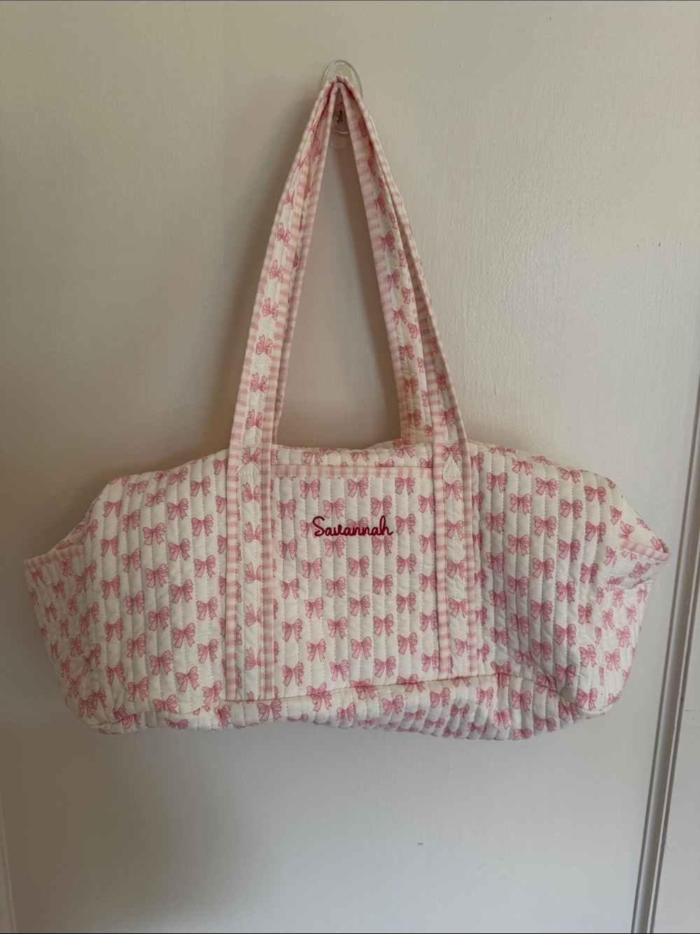 Mark and Graham monogrammed Savannah Pink Bow Quilted Bow overnight bag NWOT